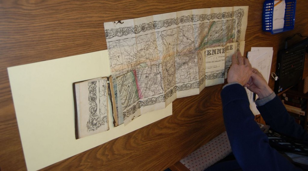 We examined the Eastern half of the fold-out map. Blountville was spelled "Blountsville." This copy was used by geologists to record ore deposits and water sources and still has their marks, today!