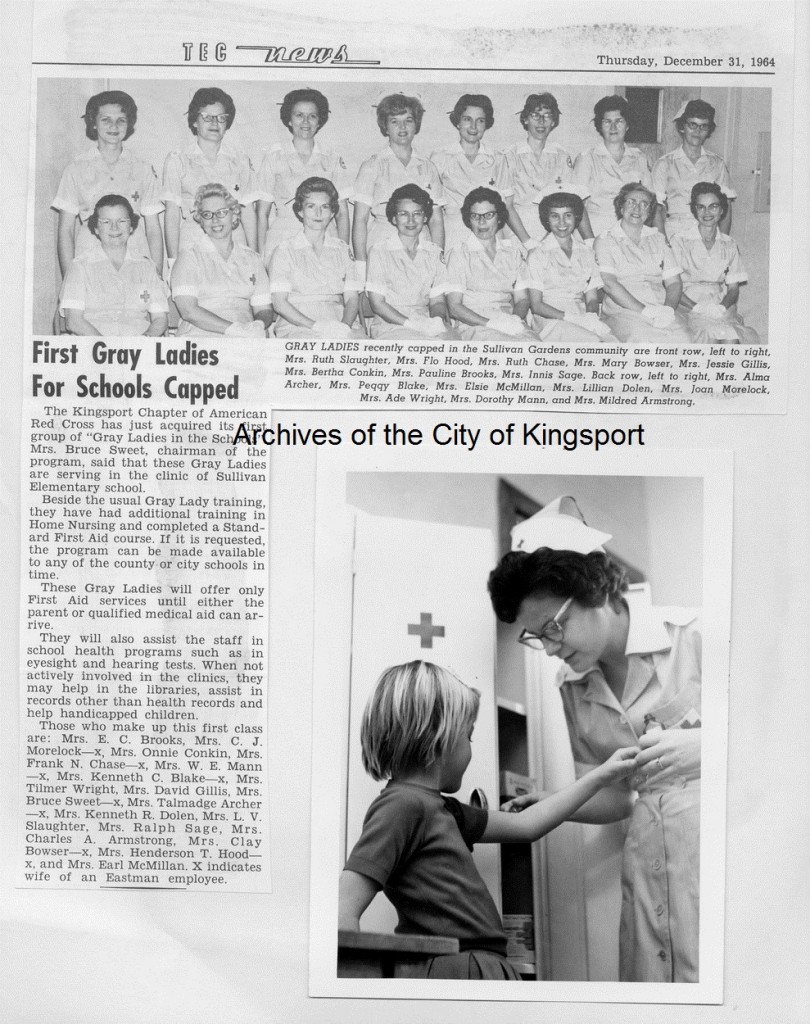 Mrs. Blake sees to a student's needs and her fellow Grey Ladies at their capping ceremony; 1964.